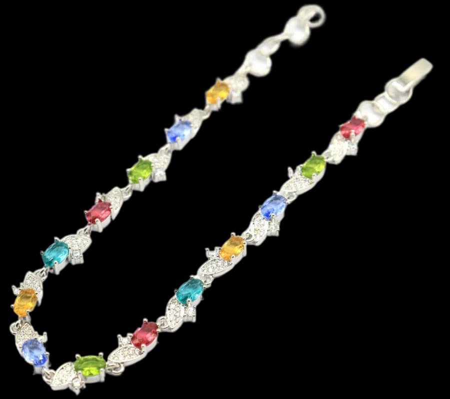 Bracciale SheCrown 11x6mm multicolore con tanzanite viola, granato, acquamarina blu, citrino dorato, peridoto verde e zirconi, in argento, 7.0-8.5 pollici