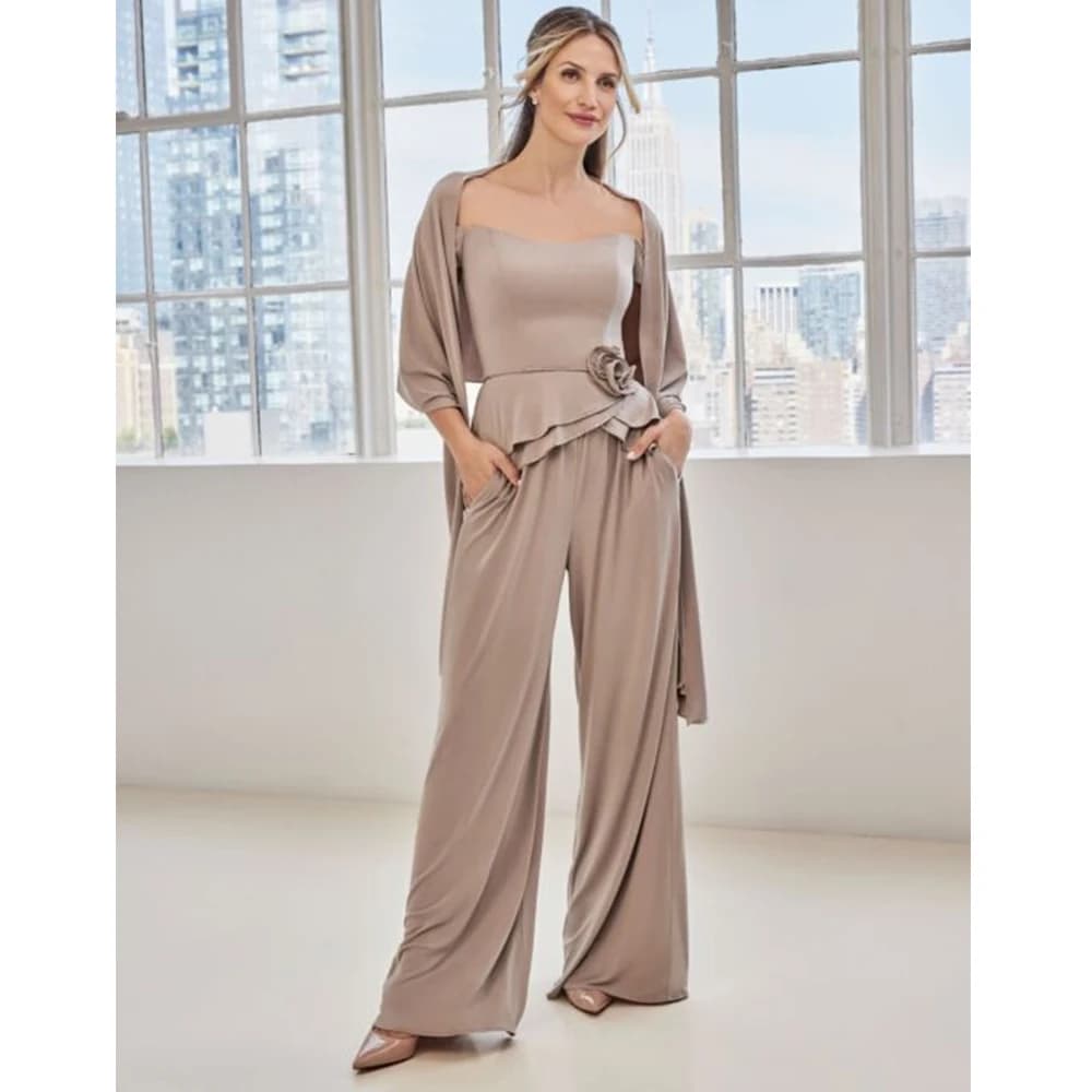 3 Piece Mother of Bride Outfits Off the Shoulder 3D Flower Tops with Shawl Wedding Party Pants Set with Pockets for Mother