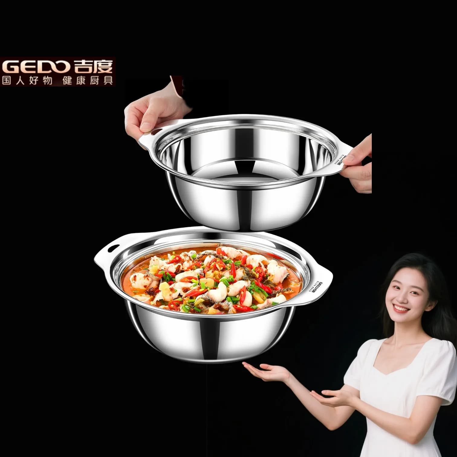 GEDO 23cm~31cm Diameter Kitchen Food Container with 2 Side Handles Well Polished Reflective Plate Ultra Thick Durable Tableware
