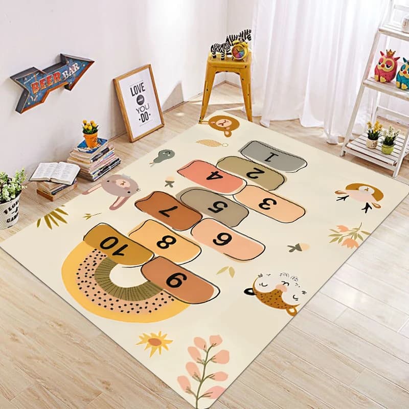Cute Cartoon Animal Hopscotch Play Rug Kids Educational Game Floor Mat Non-Slip Washable Carpet for Nursery Playroom Bedroom