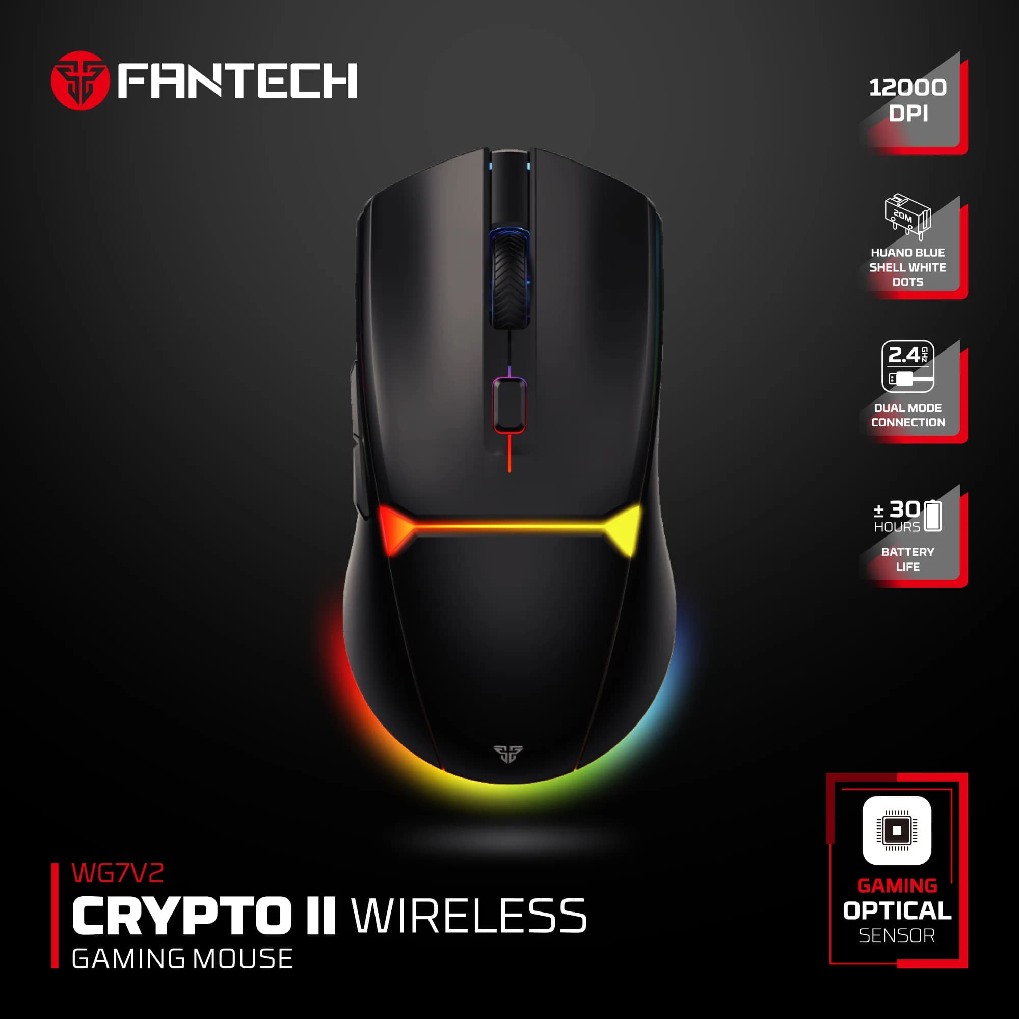 Mouse Wireless FANTECH CRYPOT II WG7v2, 30 Ore di Autonomia, Mouse ARGB 12000DPI con 6 Macro, Rivestimento Anti-Sudore per Gaming