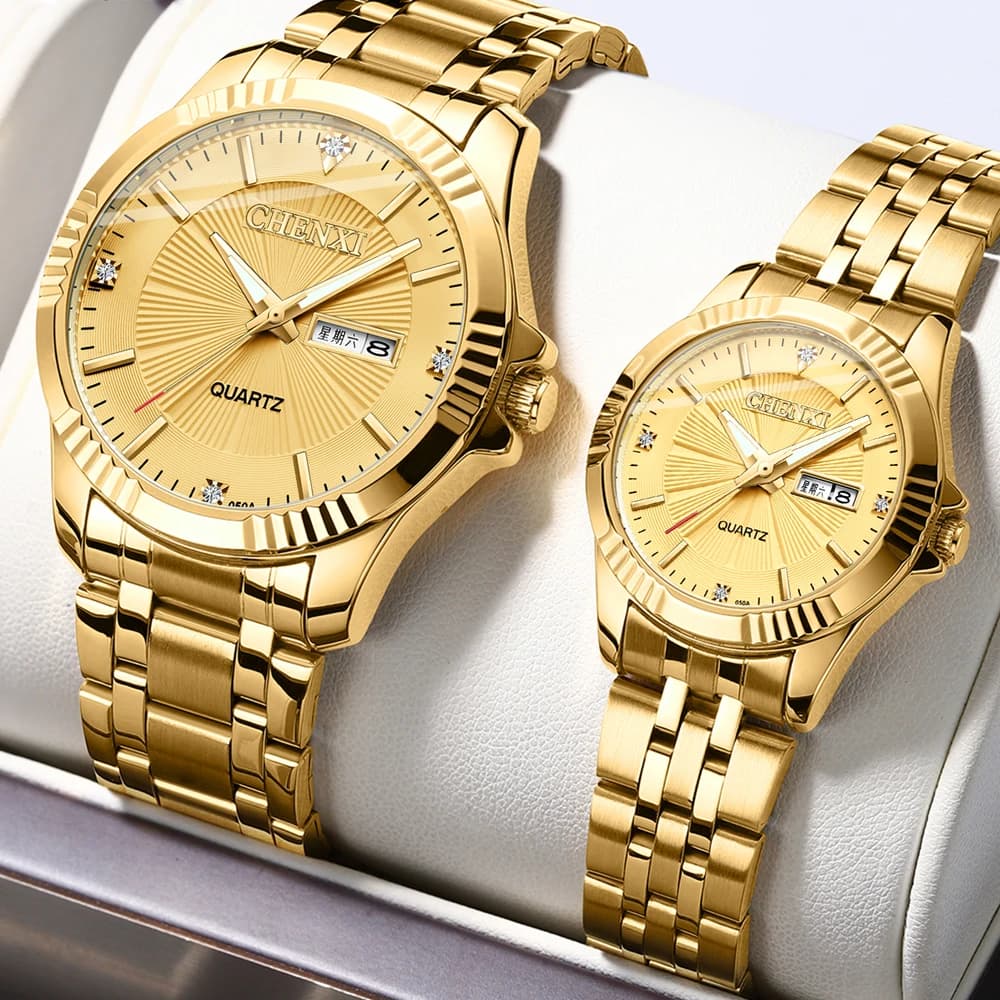 CHENXI Orologio al quarzo classico unisex dorato alla moda, cinturino in acciaio inossidabile, orologio da polso da lavoro di lusso impermeabile con data