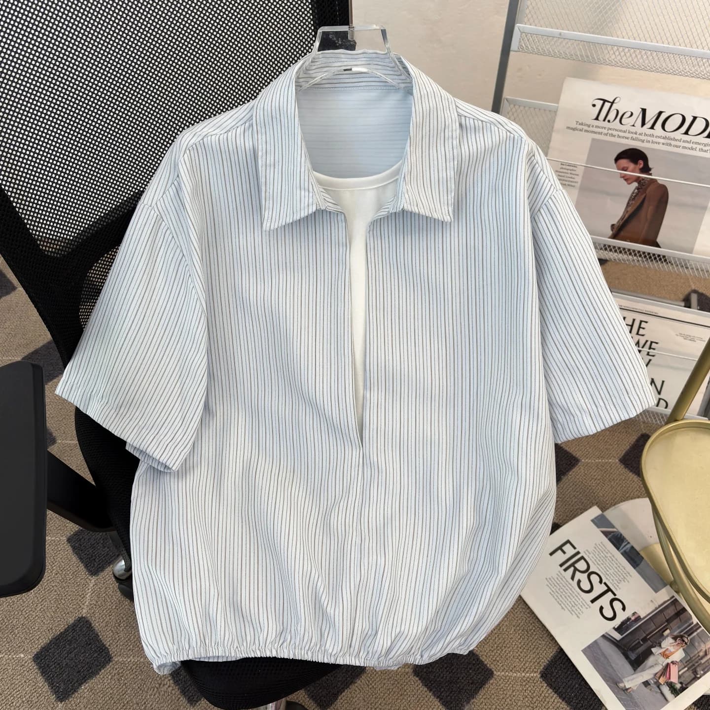 Loose Fit V-Neck Short Sleeve Blue Striped Shirt Casual Style Half Sleeve Blouse for Men Summer Breathable Comfortable Studen...