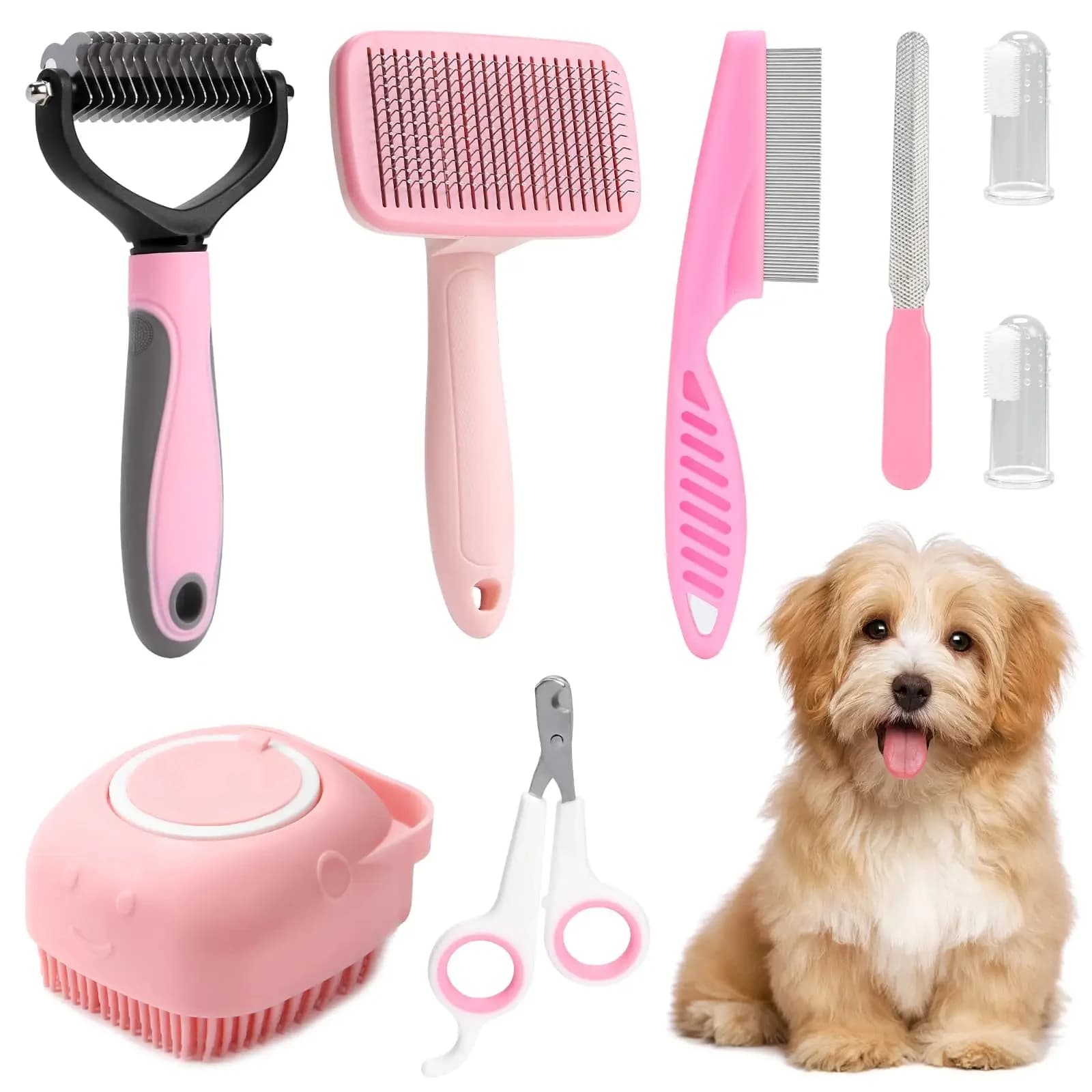8-piece dog brush grooming set,pet self-cleaning set,with pet nail clippers and files,flea comb,pet shampoo bath brush,pet