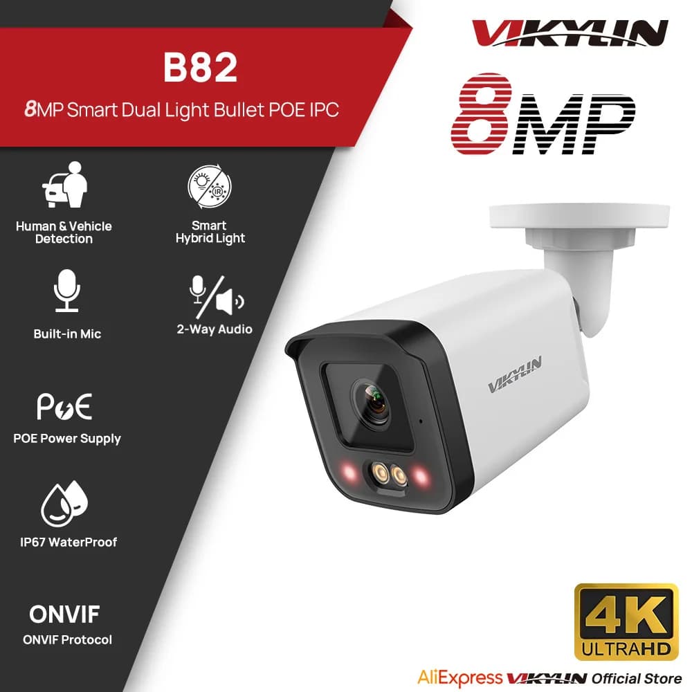 VIKYLIN 8MP IP Security Camera Poe 4K Smart Dual Light 2-way Audio Camer Human Vehicle Detection Support SD Storage ONVIF IP66