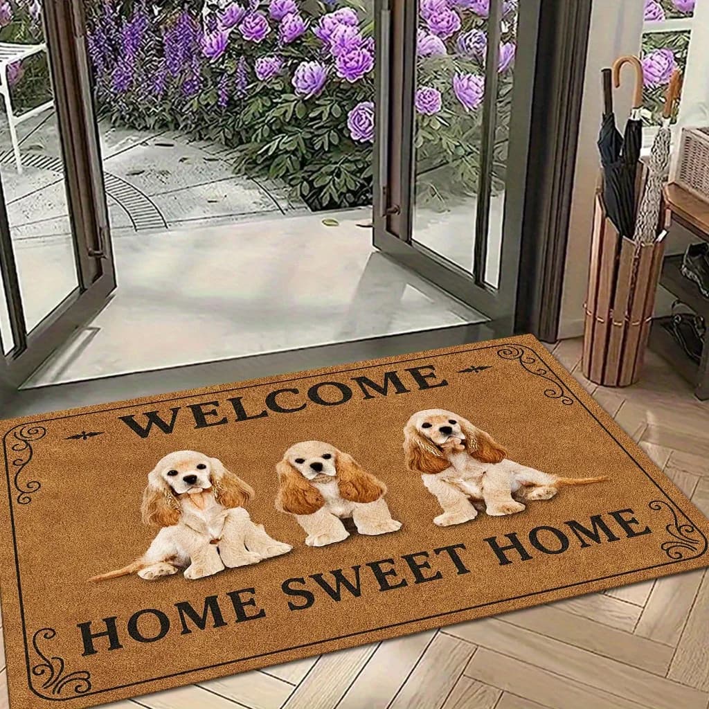 Tappeto di benvenuto Cocker Spaniel in velluto e flanella, stampato, con design 'Home Sweet Home', decorativo per ingresso e arredamento casa