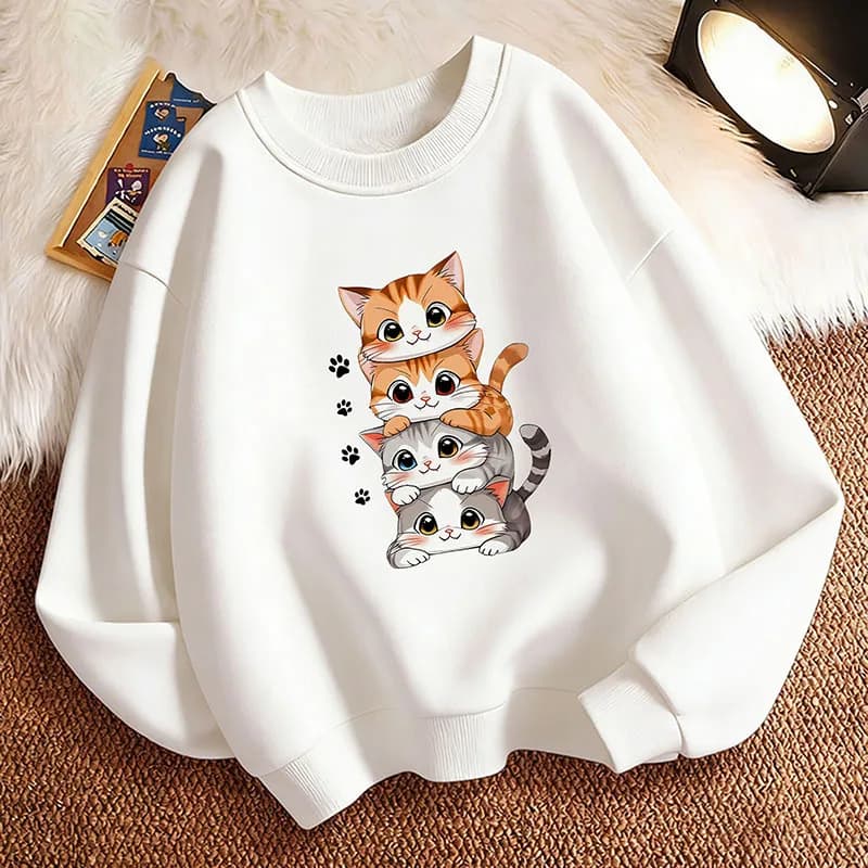 Felpa con Cappuccio per Bambini con Stampa Grafica, Gatto Cartoon e Impronta di Zampa, Pullover Primaverile per Ragazzi/Ragazze
