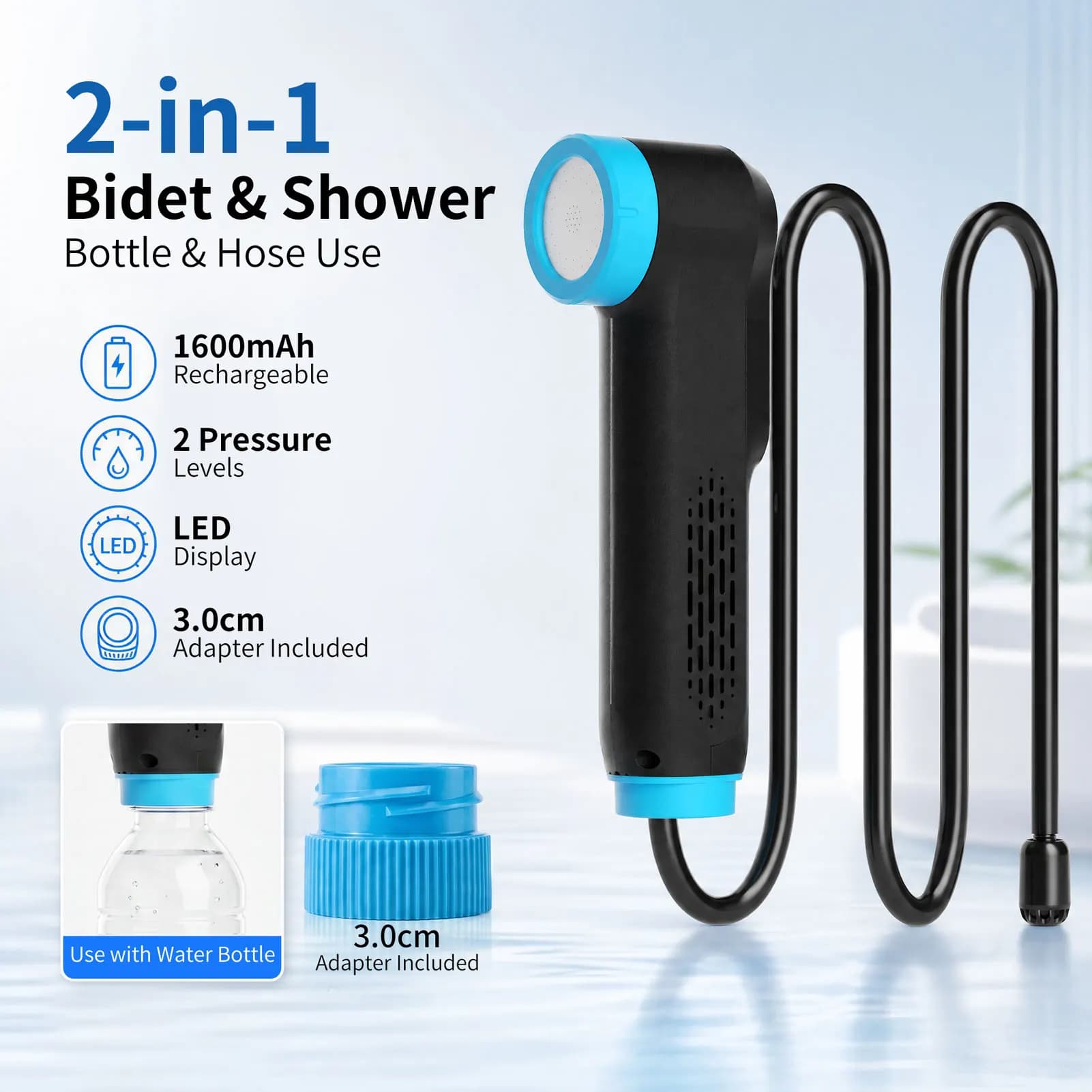 MintLeaf Electric Portable Bidet for Toilet, 2-in-1 Travel Bidet Shower Sprayer, Rechargeable, Dual Flow Mode, Bottle Adapter