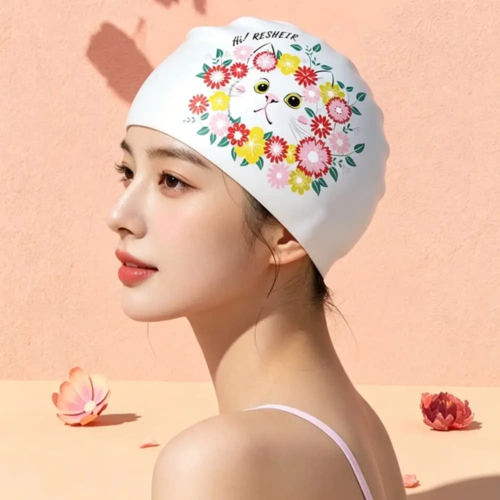 Large Size Swimming Caps Ear Protection Long Hair Silicone Swim Caps Fashionable Printed Waterproof Cartoon Cat Swim Caps Adult