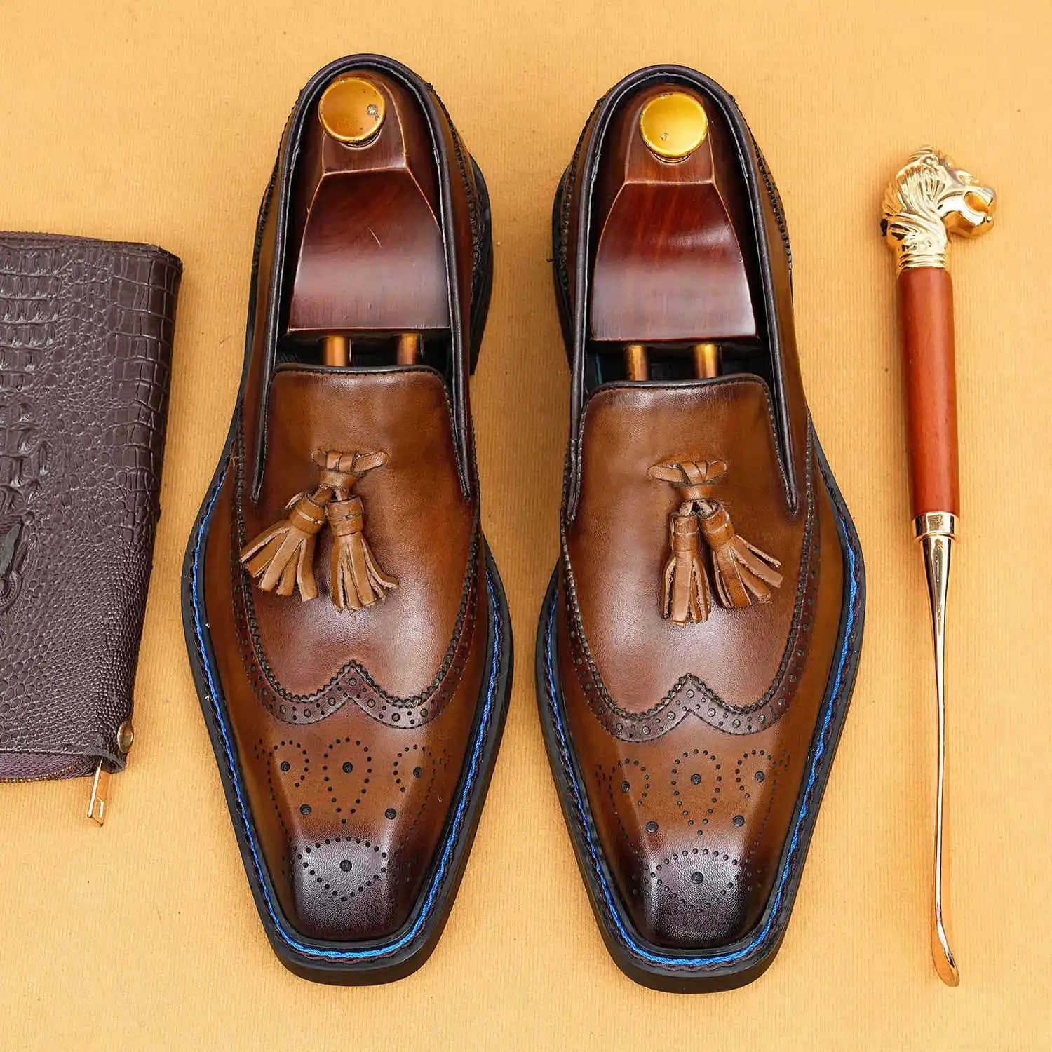 Scarpe Brock in Pelle Intagliata da Uomo, Nuove Mocassini Eleganti in Vera Pelle con Nappe Stile Britannico, Slip-on Comodi