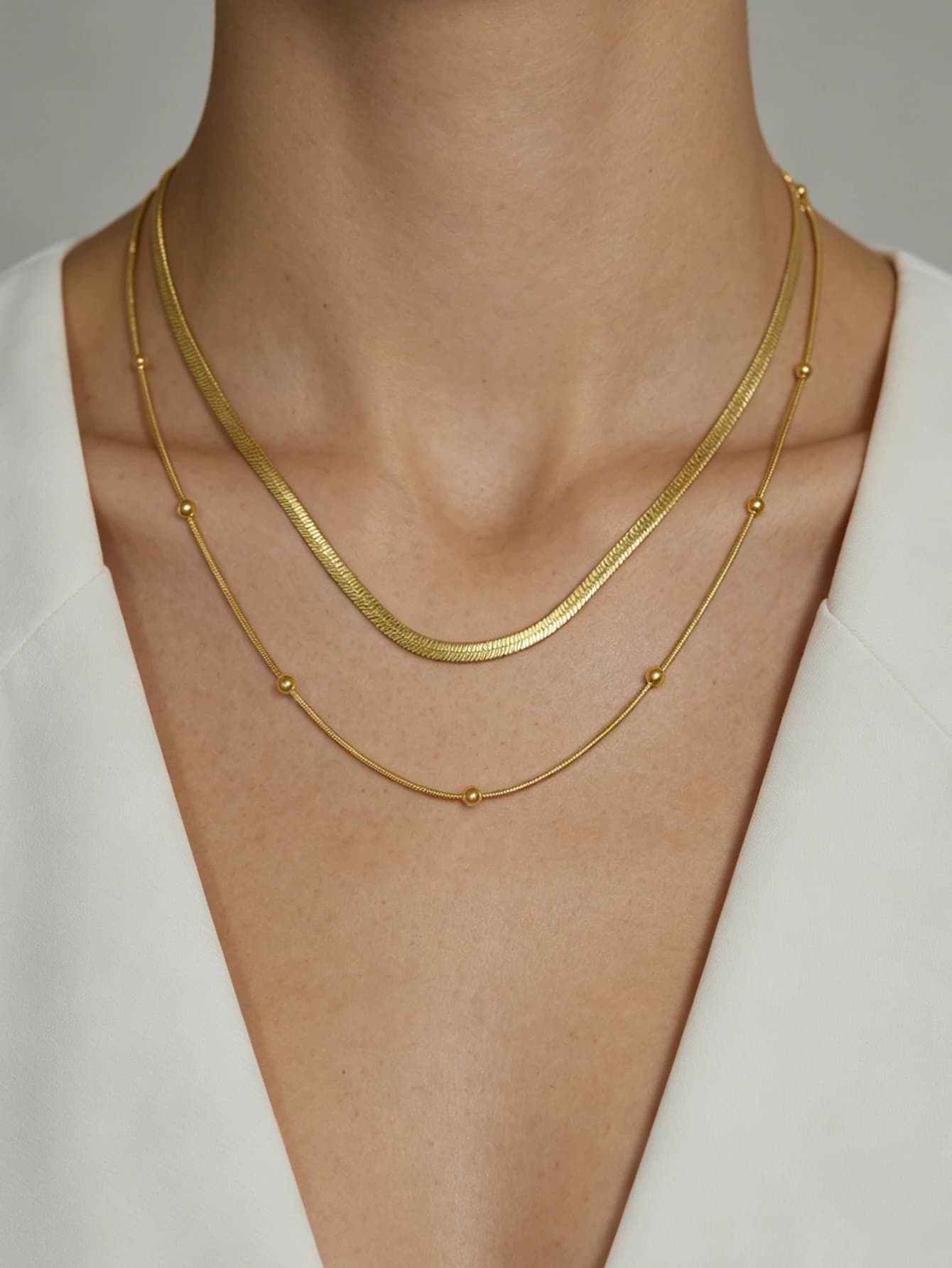 Fashion Double Layer Necklace Stainless Steel Flat Snake Chain Herringbone Necklace Elegant Jewelry