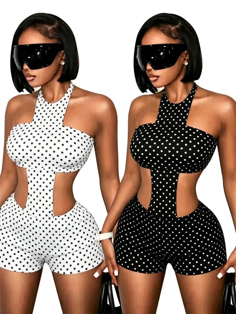 Leosoxs Tuta Sexy da Donna con Stampa a Pois, Senza Schienale, Senza Maniche, Elasticizzata, con Halter e Bendaggio, Aderente, Stile Selvaggio, per l'Estate Notturna