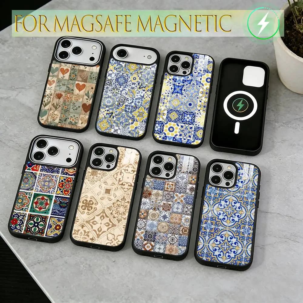 Cover per iPhone con motivo a piastrelle marocchine per iPhone 17, 16, 15, 14, 13, 12, 11 Plus, Pro, magnetica per ricarica wireless MagSafe