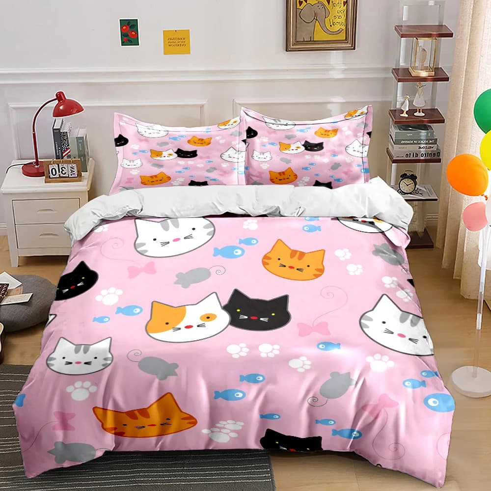 Set di biancheria da letto con stampa di gatti dei cartoni animati, 1 copripiumino, 2 federe per adulti e bambini, regalo di lusso, misura completa