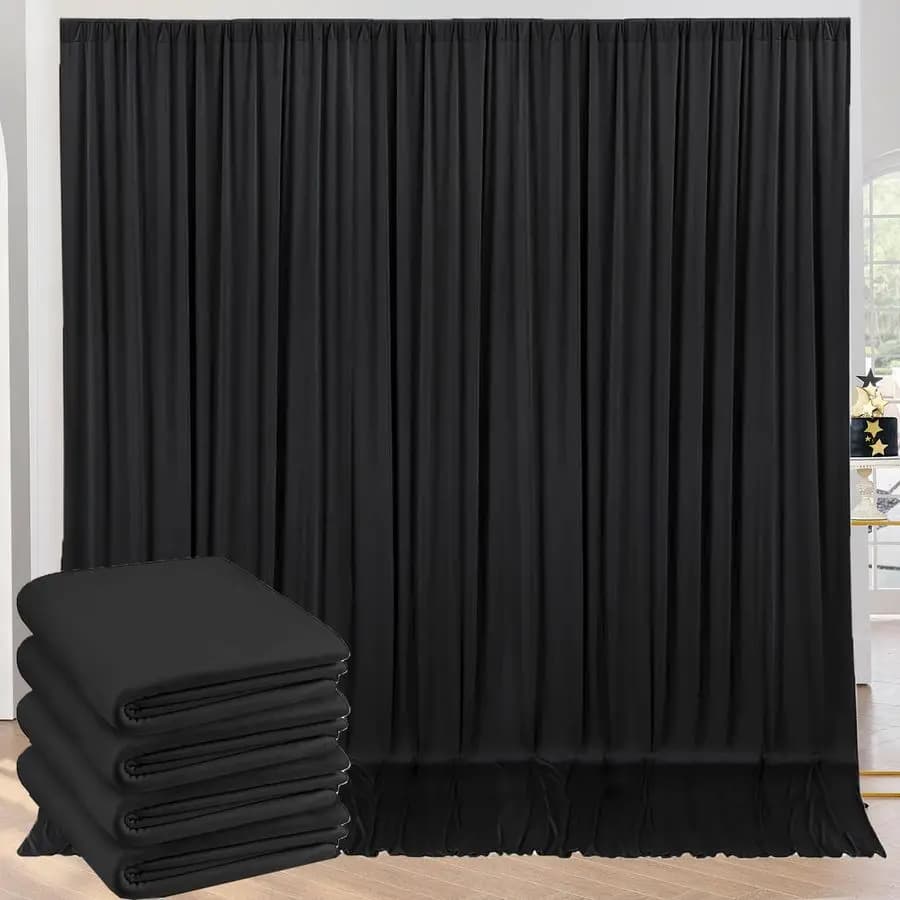3m Feet Black Curtains for Party, 4 1.5x3m Panels in Polyester Silk Effect for Wedding Photo Wallpapers