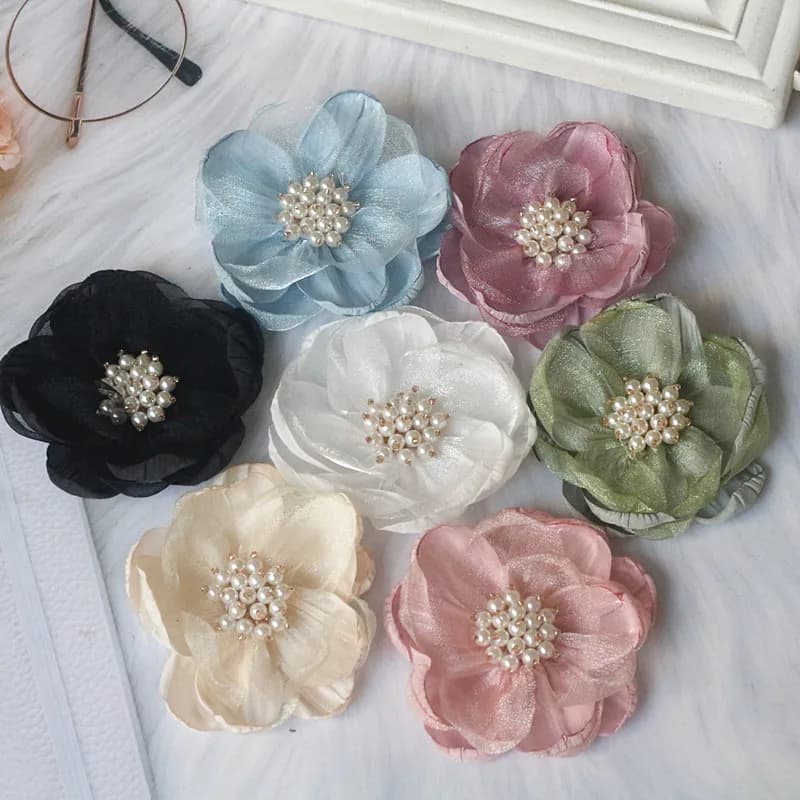 5 pz 7.5CM Chiffon Organza tessuto fiore di rosa con perline centro abito da sposa gonna casa cappello decorazione accessori per capelli fai da te