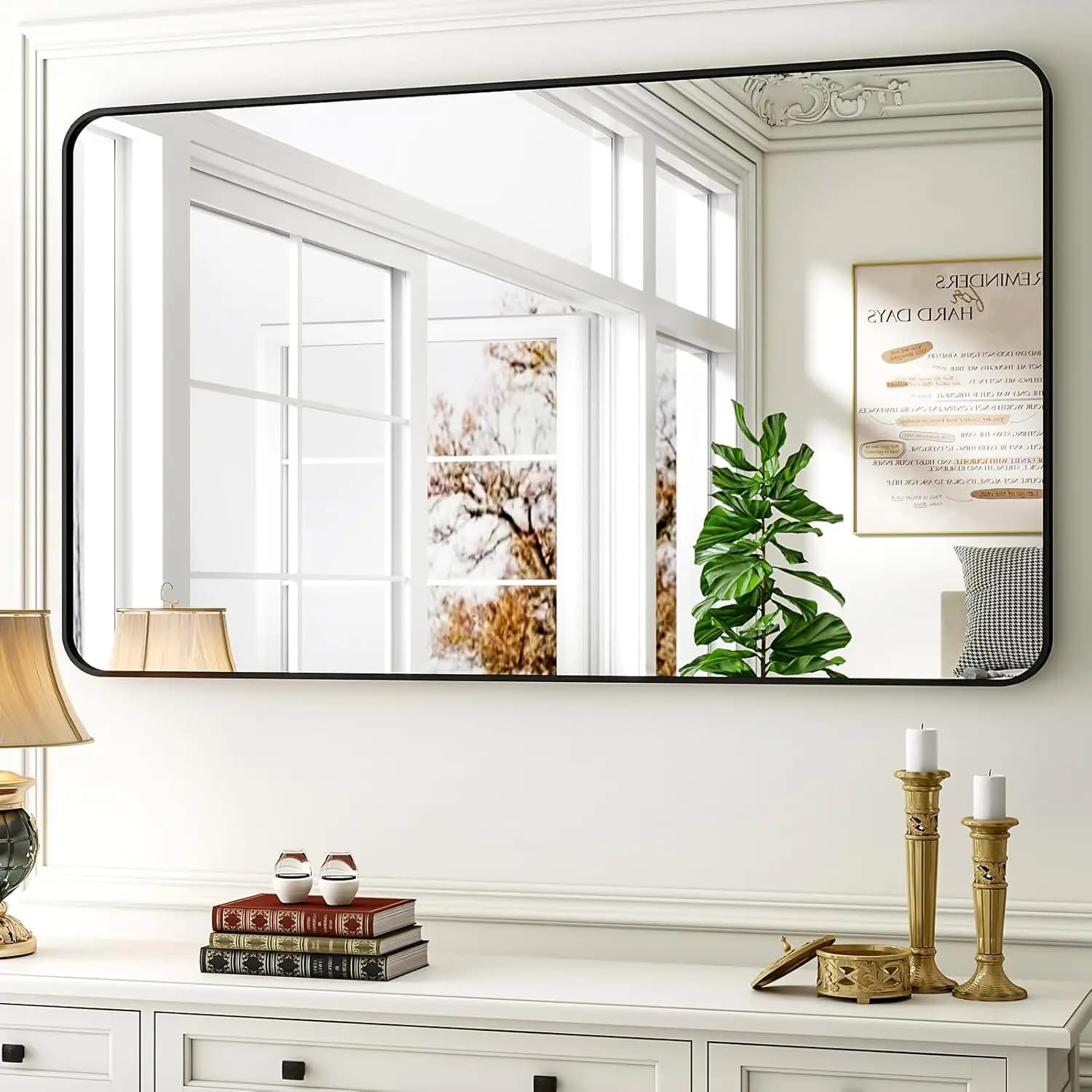 Specchio da bagno con cornice nera da 30x48 pollici, specchio da parete rettangolare arrotondato per la decorazione domestica moderna