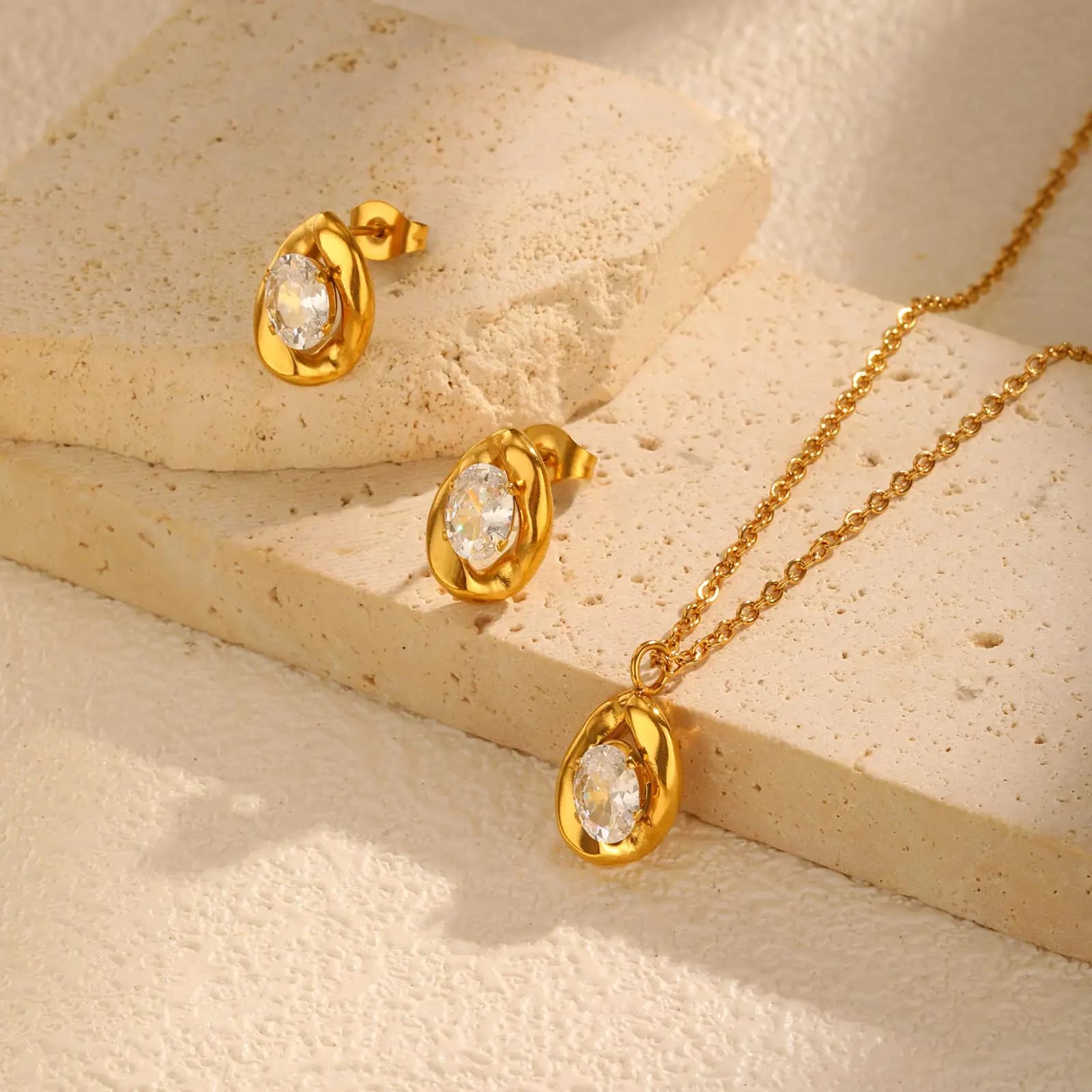 Oval White Zircon Pendant Necklace Earrings for Women,Gold Color Stainless Steel Necklaces,Exquisite Jewelry Gifts