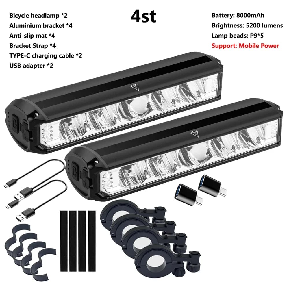 2PCS luce per bicicletta 8000mAh 5 torcia a Led per bicicletta impermeabile luce per bici anteriore 5200Lm ricarica faro accessori per bici