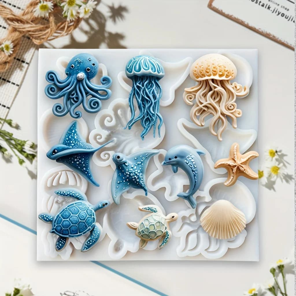 Sea Animal Silicone Mold Octopus Jellyfish Dolphin Turtle Fondant Chocolate Baking Resin Clay Soap DIY Craft Molds