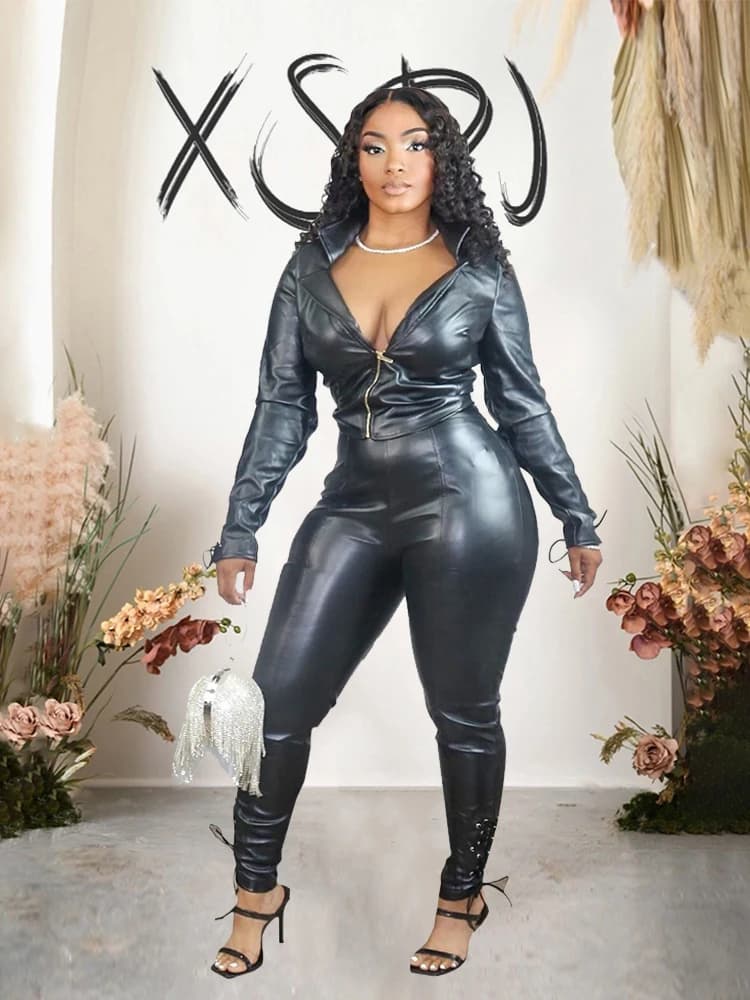 2 Piece Leather Sets Women Outfit Winter Long Sleeve Zipper Jacker and Pants Leggins Sexy Outfits Female Wholesale Dropshipping