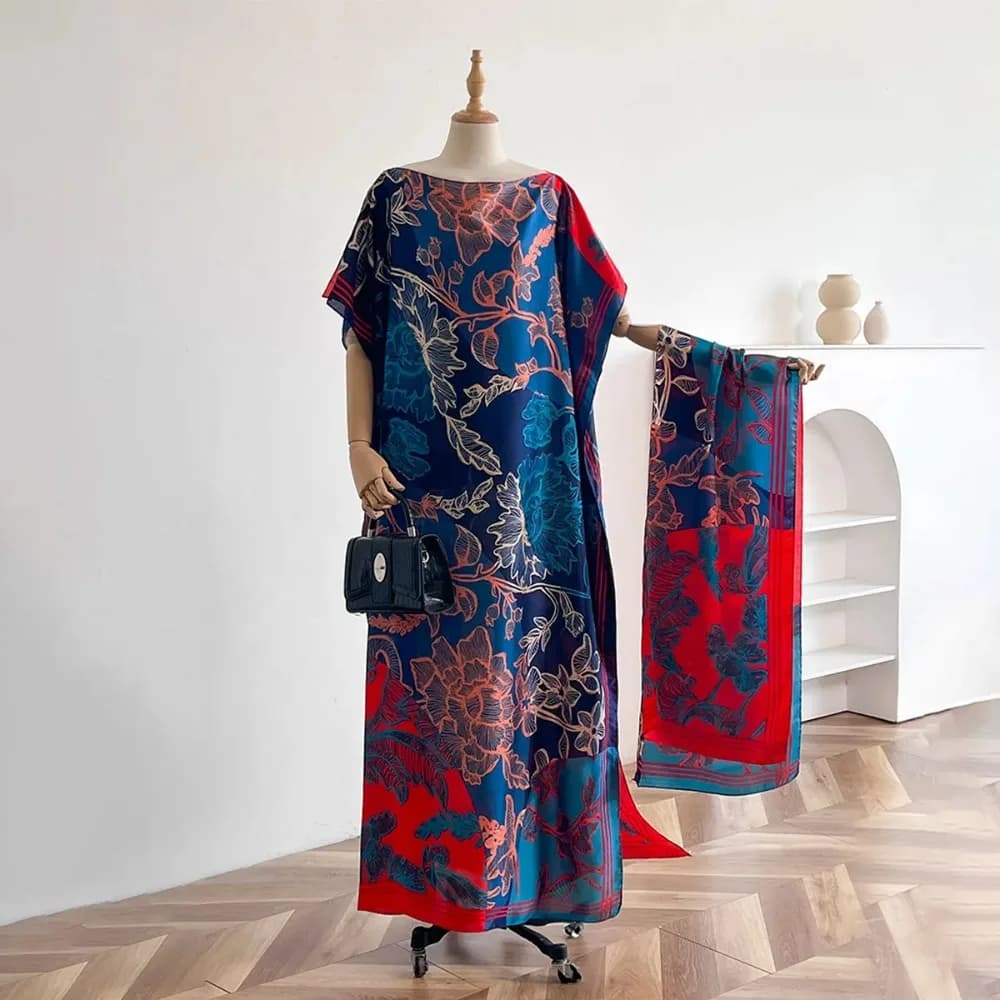Summer New Fashion African Shawl For Women Elegant Printed Silk Muslim Lady Long Hijab Kaftan Dress Oversize Kuwait Abaya Scraf