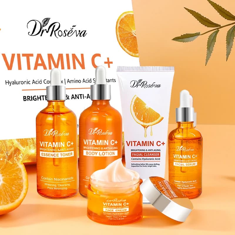 Set di Cura della Pelle con Vitamina C: Siero Viso, Crema e Detergente, Tonico Essenziale, Lozione Idratante per il Corpo