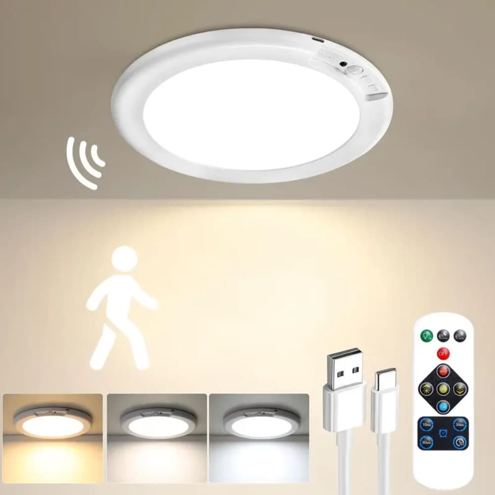 Lampada da Soffitto Ricaricabile con Sensore di Movimento e Telecomando - Luce da Soffitto Wireless a Batteria per Armadio, Doccia, Scale, Capanno, Corridoio