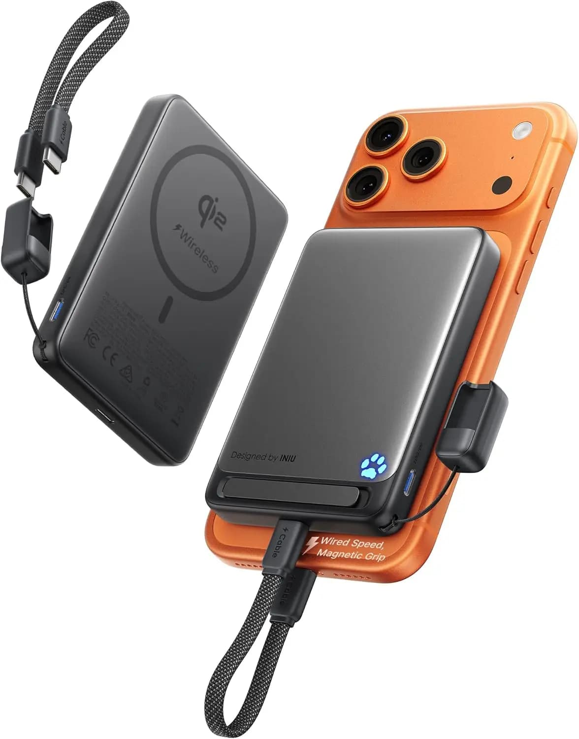 Power Bank Magnetico Sottile da 10000mAh con Ricarica Rapida Cablata da 45W e Wireless Qi2 da 15W, Compatibile con iPhone 12-17