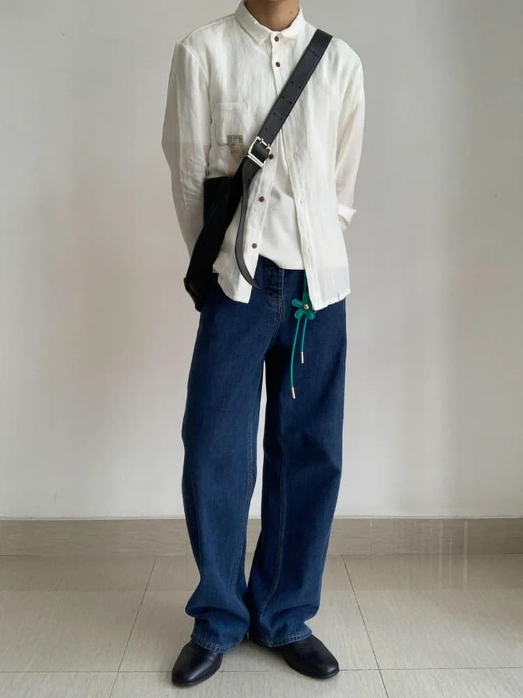 Retro Washed Blue Jeans Men's Straight Loose Leggings Classic Basic Style American Old Money Style Worn out Denim Pants