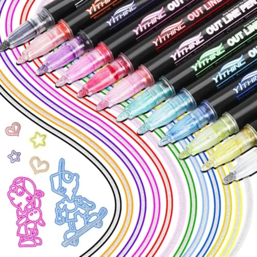 Outline Markers, 12 Metallic Shimmer Glitter Gel Pens, Tween Teen Girl Gifts Trendy Stuff, Cool Cute Art Craft School Drawing S