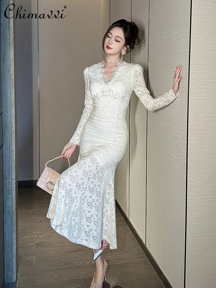 Stylish evening dresses in French lace Patchwork V neck long waist sleeve slim fit tight long white fish tail dress for women