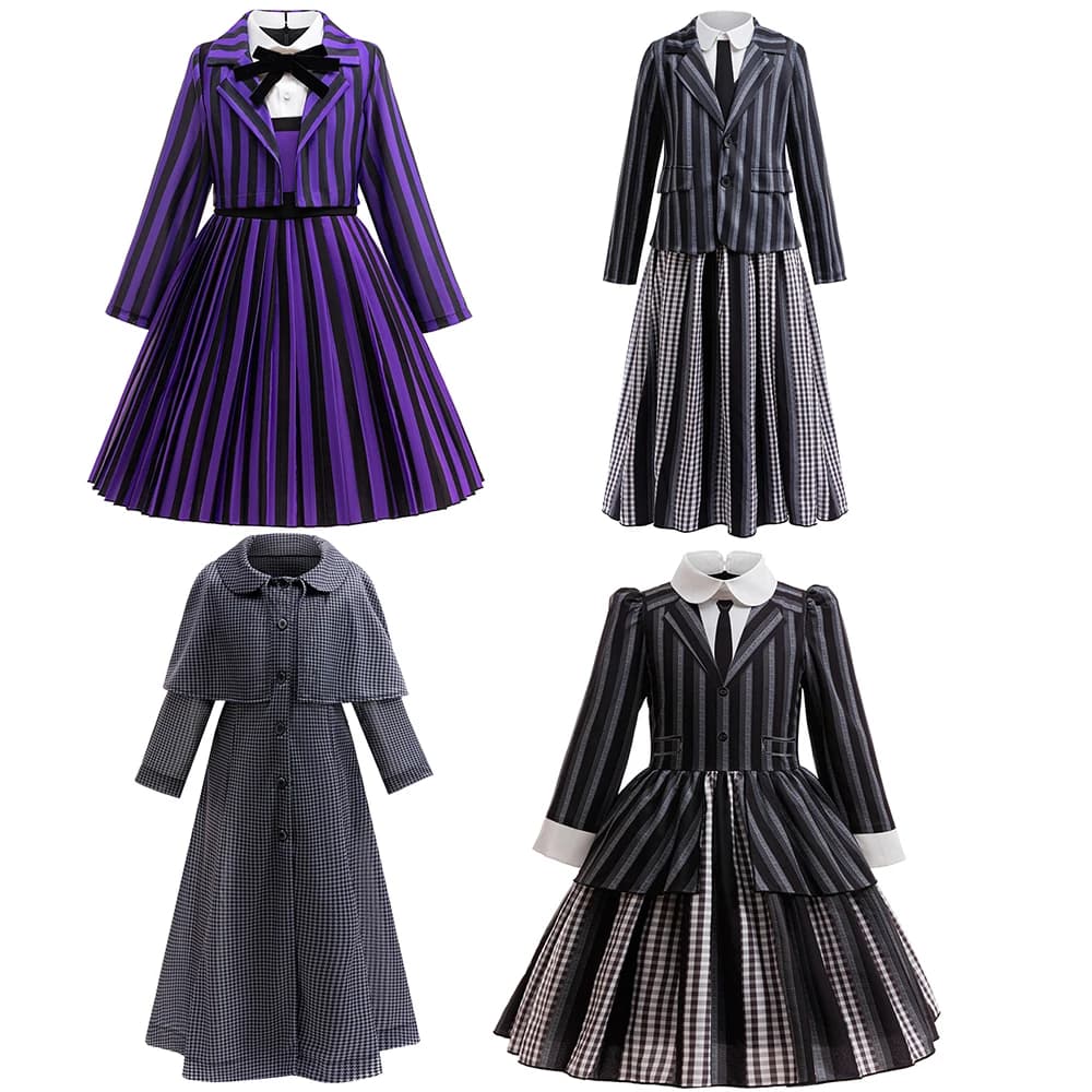 Costume da Carnevale per Bambina, Uniforme Scolastica a Righe, Abbigliamento per Bambini 2026, Set Costume Cosplay Stile Cinematografico per Spettacoli e Pasqua