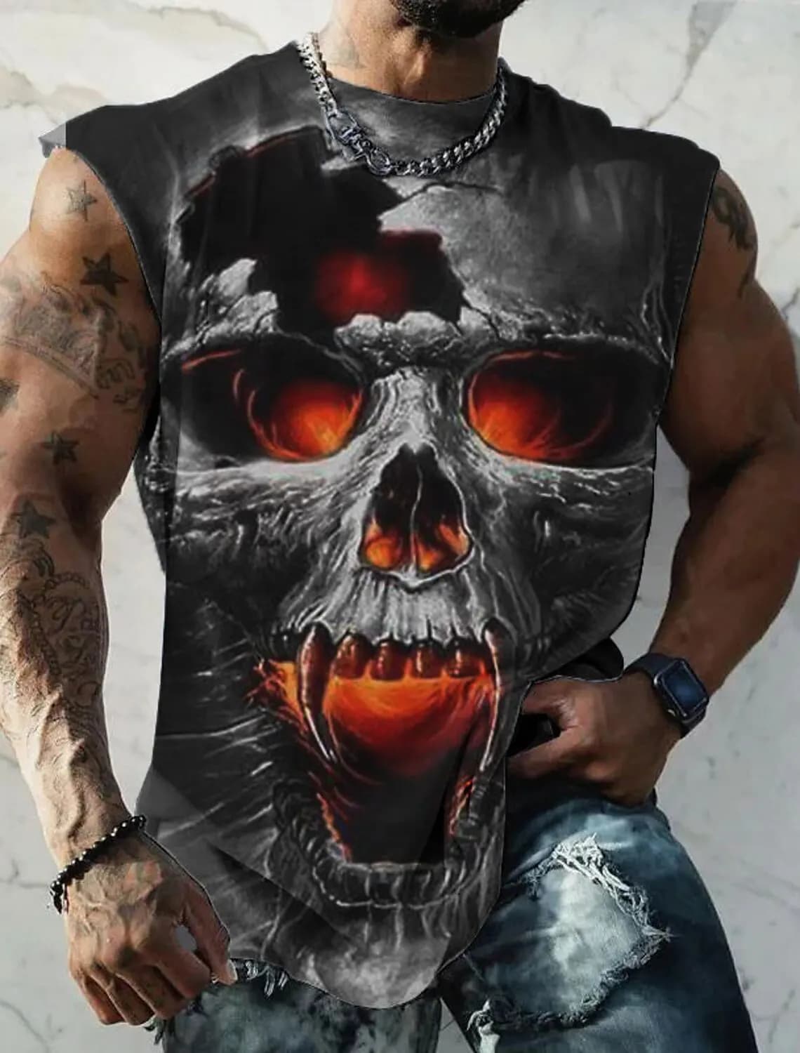 Camicia sportiva senza maniche gilet traspirante ad asciugatura rapida abbigliamento uomo moda Casual estate Y2K Fnaf palestra Outdoor Hell Skull Print