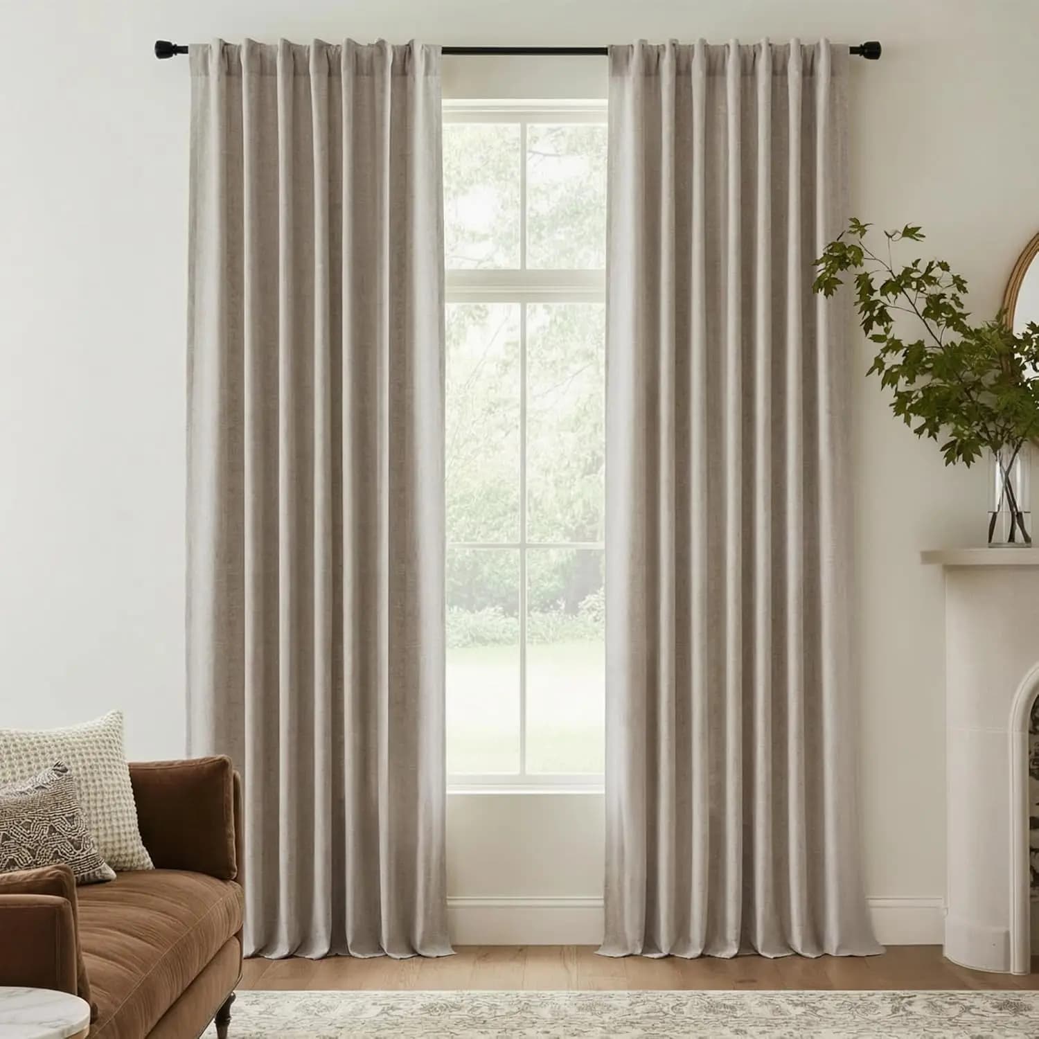 Dark Linen Curtains for Bedroom, Energy Saving Curtains for Living Room, 52x90 Beige Inches, 2 Panels
