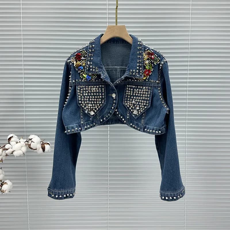 Giacca di jeans corta coreana blu slim rivetti con perline fiori di diamanti primavera donna bavero giacca di jeans a maniche lunghe cappotto streetwear