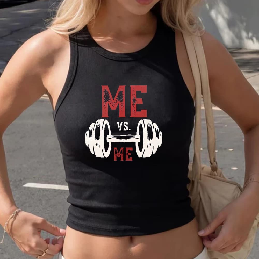 Me Vs Me Distressed Dumbbell Graphic Ribbed Crop Tank Women Self Discipline Weightlifting Sleeveless Gym Gift Tank Camisole Tops