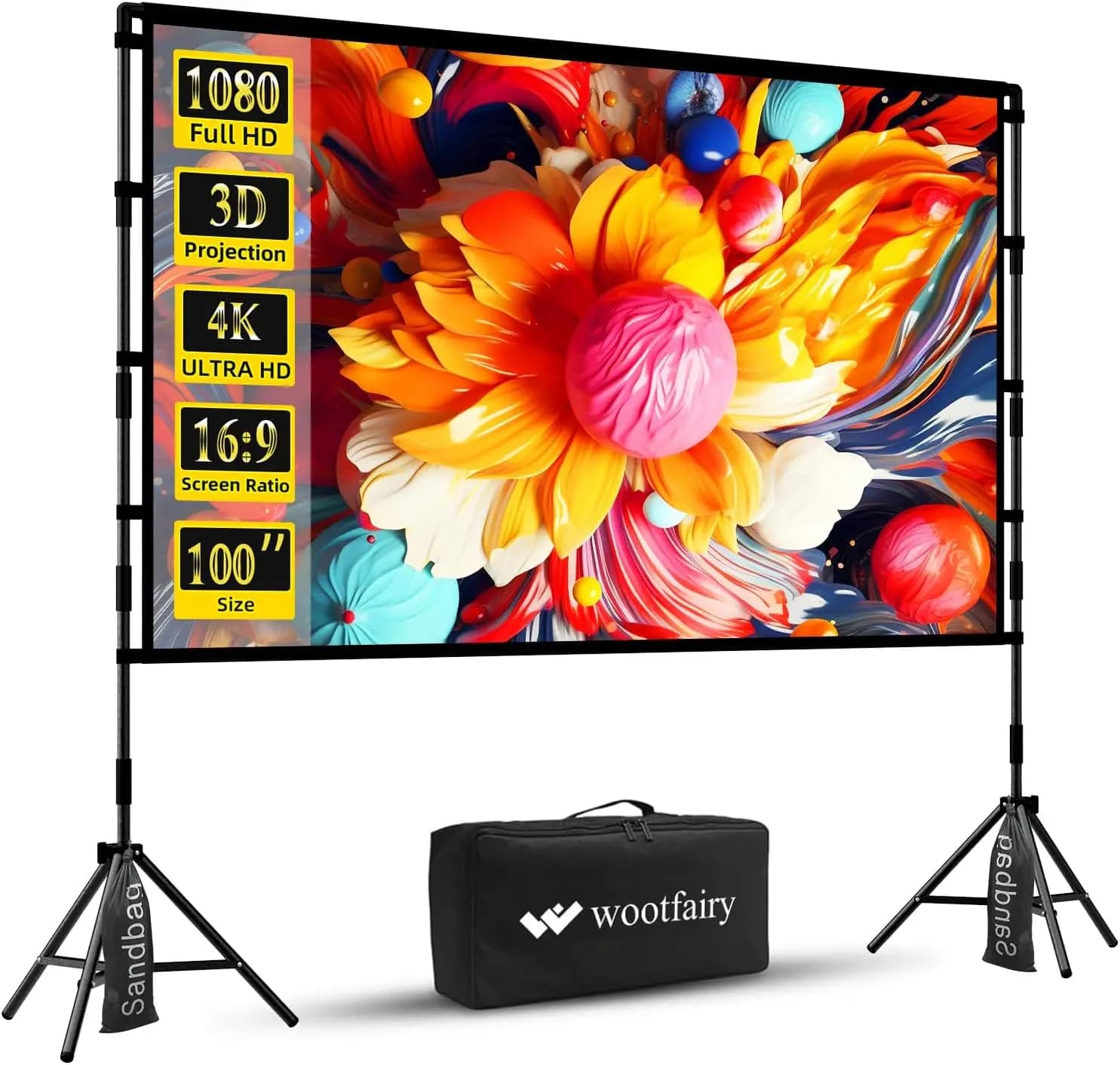 Schermo di Proiezione Portatile Pieghevole da 100 Pollici con Supporto, 16:9 4K HD Senza Pieghe per Home Theater Interno ed Esterno