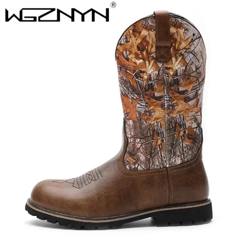 2025 Stivali da cowboy moda Stivali da neve da cavaliere da uomo vintage Copriscarpe da moto di grandi dimensioni Scarpe da processo di ricamo slip-on da uomo