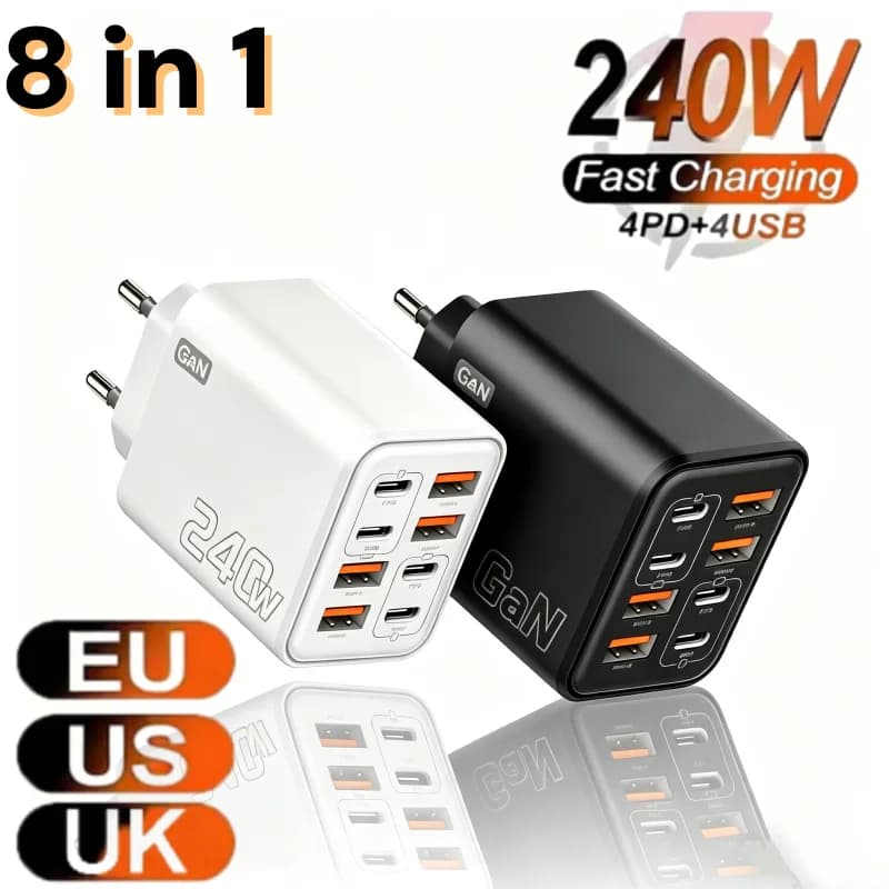 240W GaN USB C Charger 8 in 1 Fast Charging Phone Charger Power Adapter For iPhone Xiaomi Type C EU/US/UK Plug Wall Charger