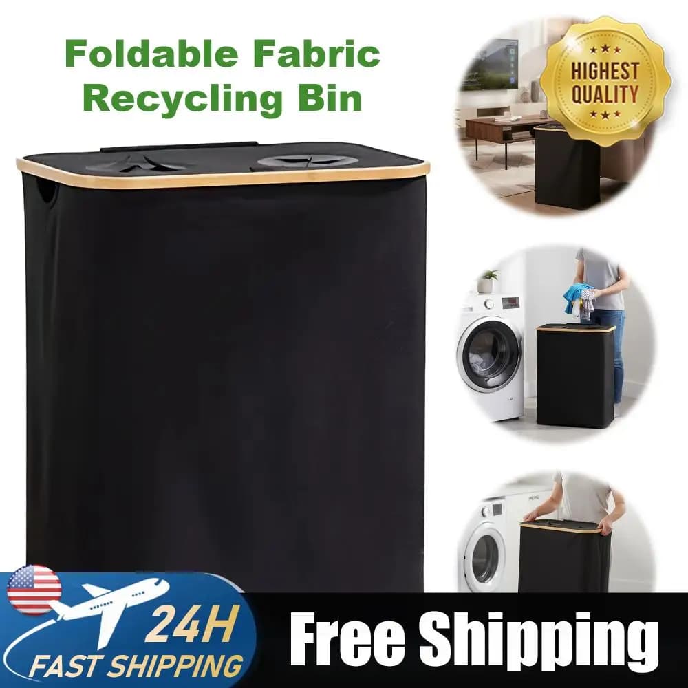 140L Folding Wallet Basket in Oxford at 2 Sections with Removable Bag, Large Double Basket for Bedroom Dresses, Bathroom, Dormitory