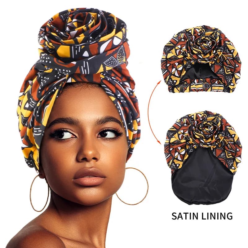 Turbante Africano da Donna con Fodera in Raso, Cappello con Grande Fiore, Copricapo Floreale Stampato, Sciarpa Musulmana, Berretto da Donna