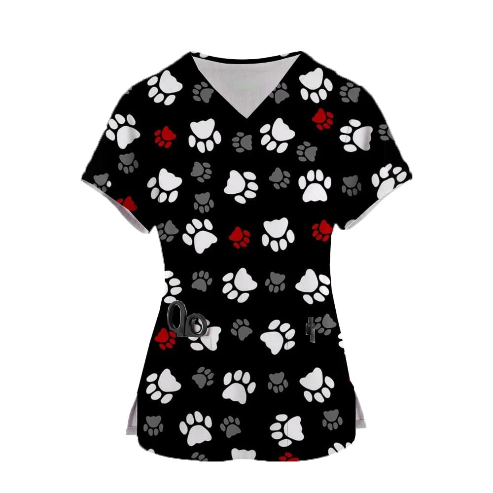 Top smerigliato con stampa zampa per animali domestici, tasca da donna, scollo a V, uniforme smerigliata, camicia per la cura della spa, infermiera di bellezza per animali domestici