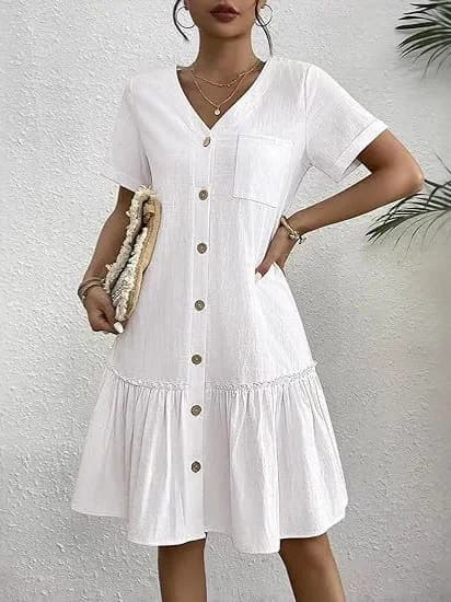 White V-Neck Slimming Loose Short Sleeve Shirt Dress Casual A-Line Skirt Women Summer Button Pocket Lace Trim Polyester Fiber