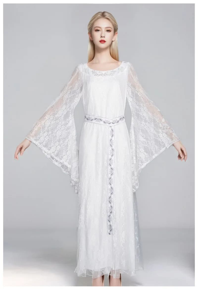 Halloween Queen Costume Medieval Vintage Court Lace Bell-sleeve Long Dress Vintage Character Elf Makeup Party Stage Long Dress