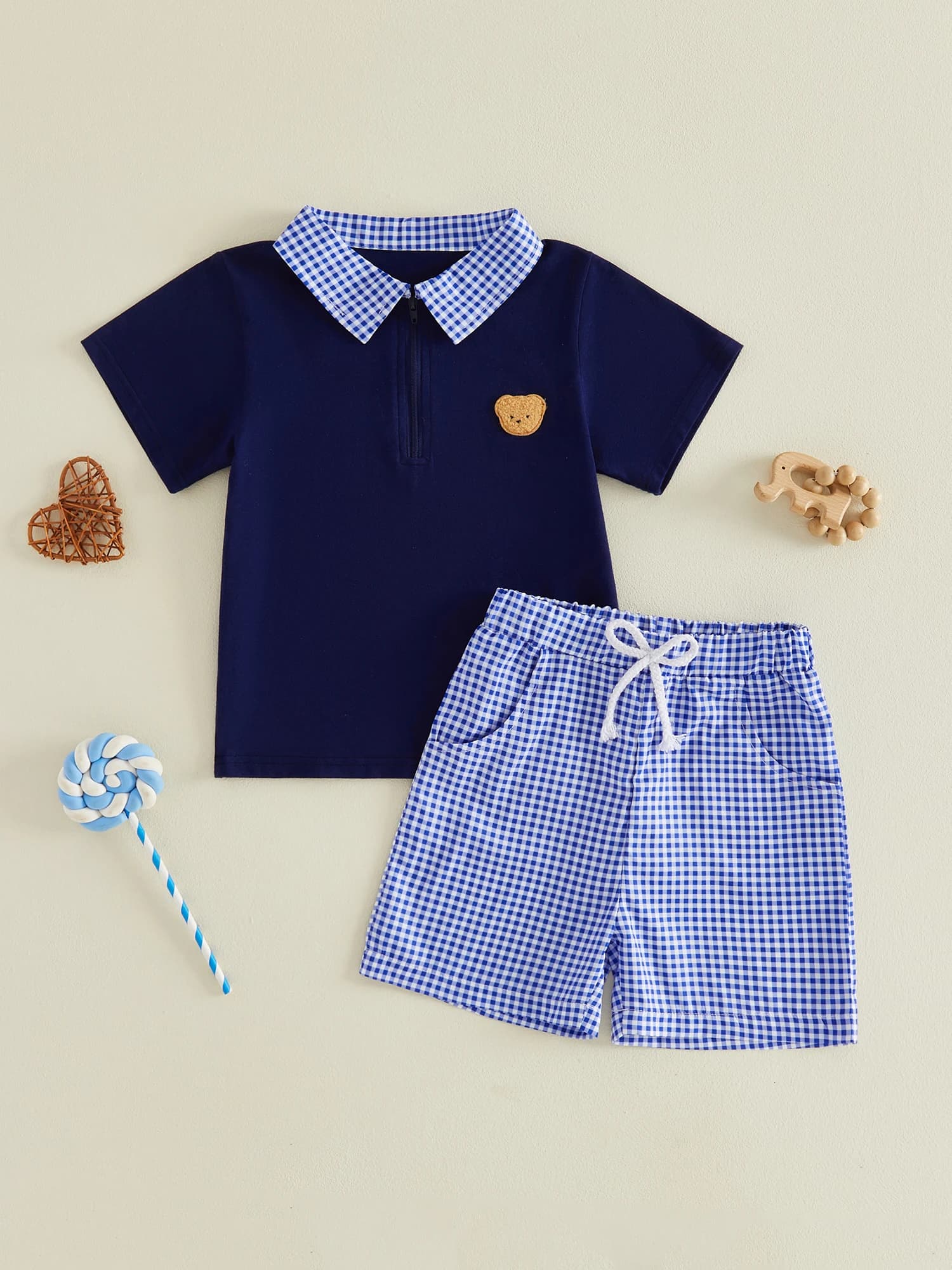 2Pcs Baby Boy Casual Wear Short Sleeve Lapel Neck Animal Embroidery Shirt and Plaid Print Shorts Set for Summer