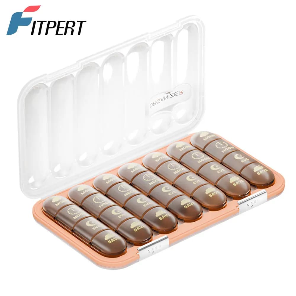 Folder - 3/4 times a day - 21/28 Daily pill holder with compartments for vitamins, supplements - Organizer of travel pills
