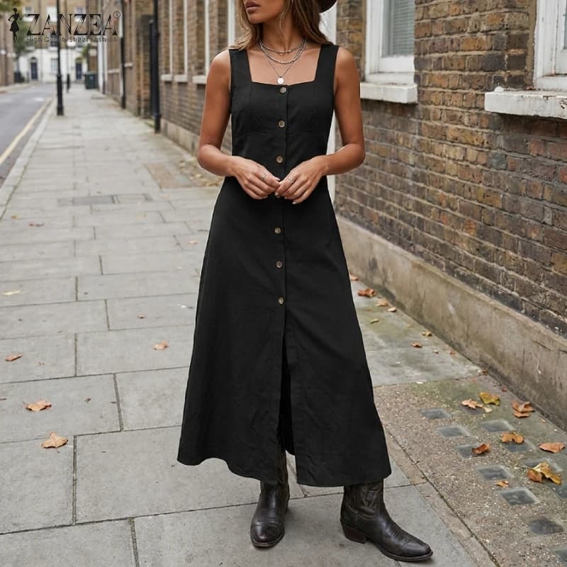 Women's Summer Sleeveless Long Dress Elegant Square Neck Button Up Slim-Fit Maxi Dress ZANZEA Minimalist Vestidos Streetwear 3XL