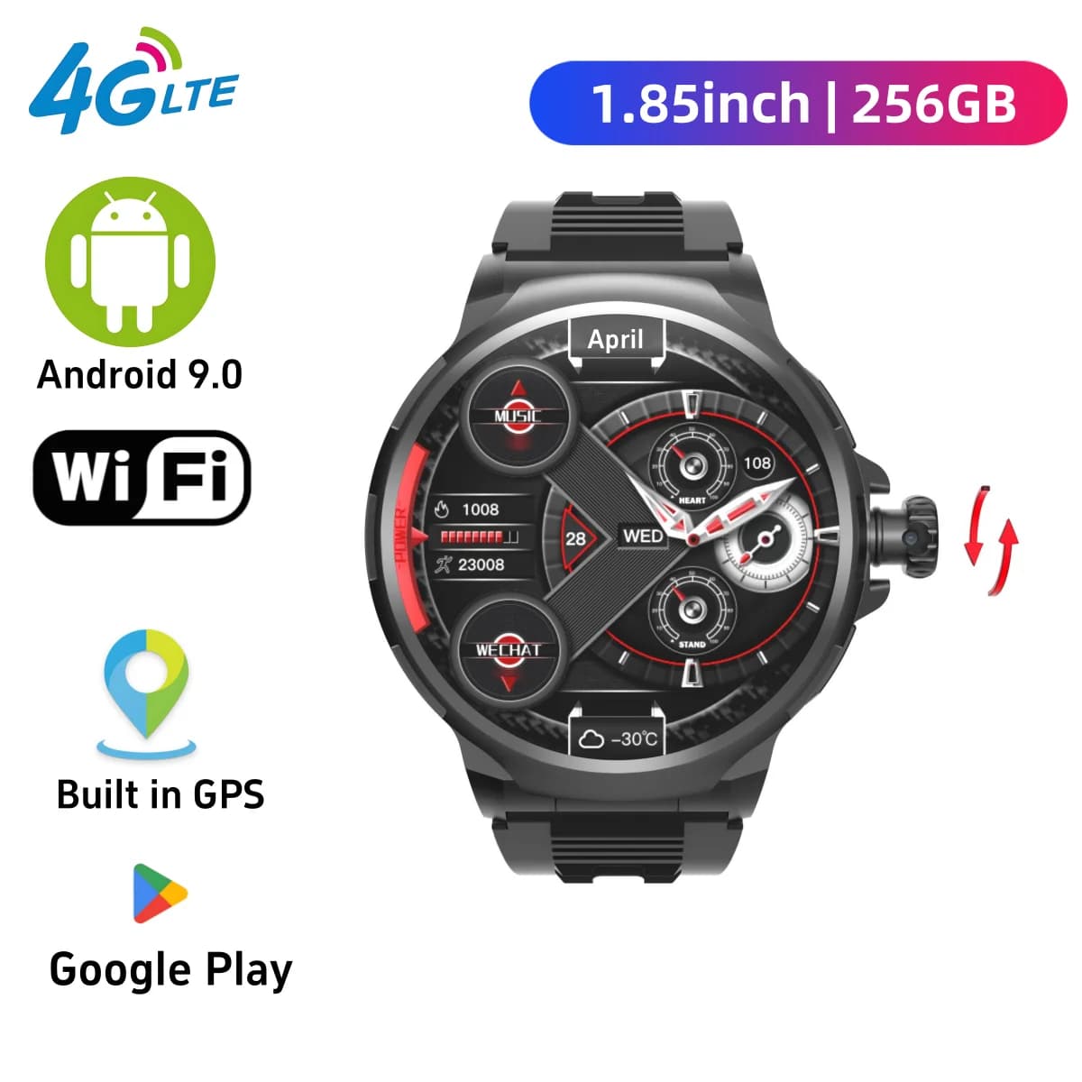 GT100 Smartwatch 4G Simcard Android System 180 ° IP67 Rotary Camera Waterproof GPS watch 128GB Rom Smart Watch for students