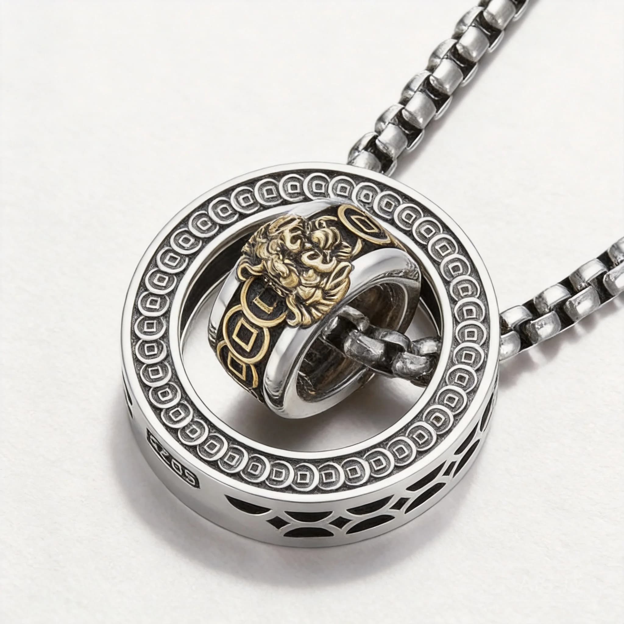 SNQP Chinese Style Lucky Pixiu Double Ring Pendant Necklace For Men Vintage Silver Plated Wealth Attracting Good Luck Fadeless